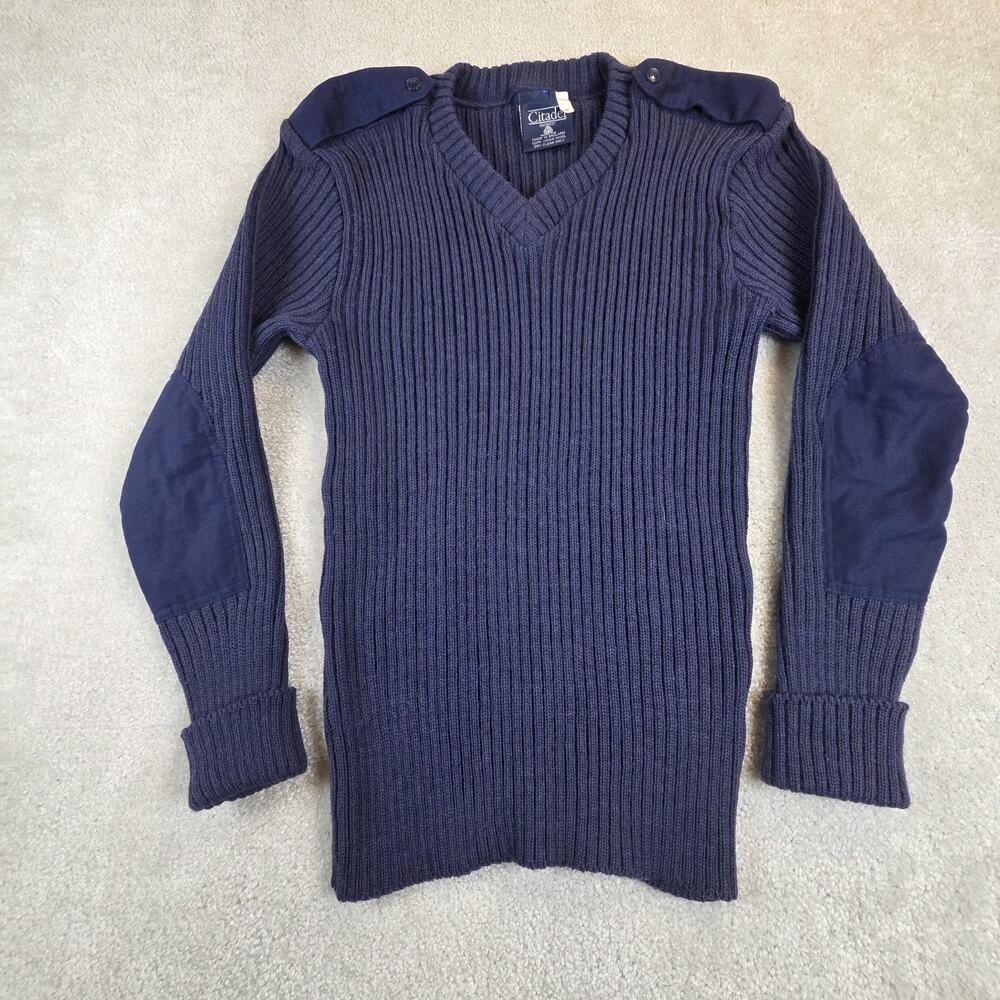 VTG Citadel England Commando Sweater 44" Blue V Neck Wool Elbow Patch Epaulets